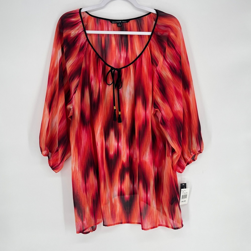 Zac & Rachel Woman Boho Peasant Sheer Chiffon Tunic Top Coral Abstract 3X NWT